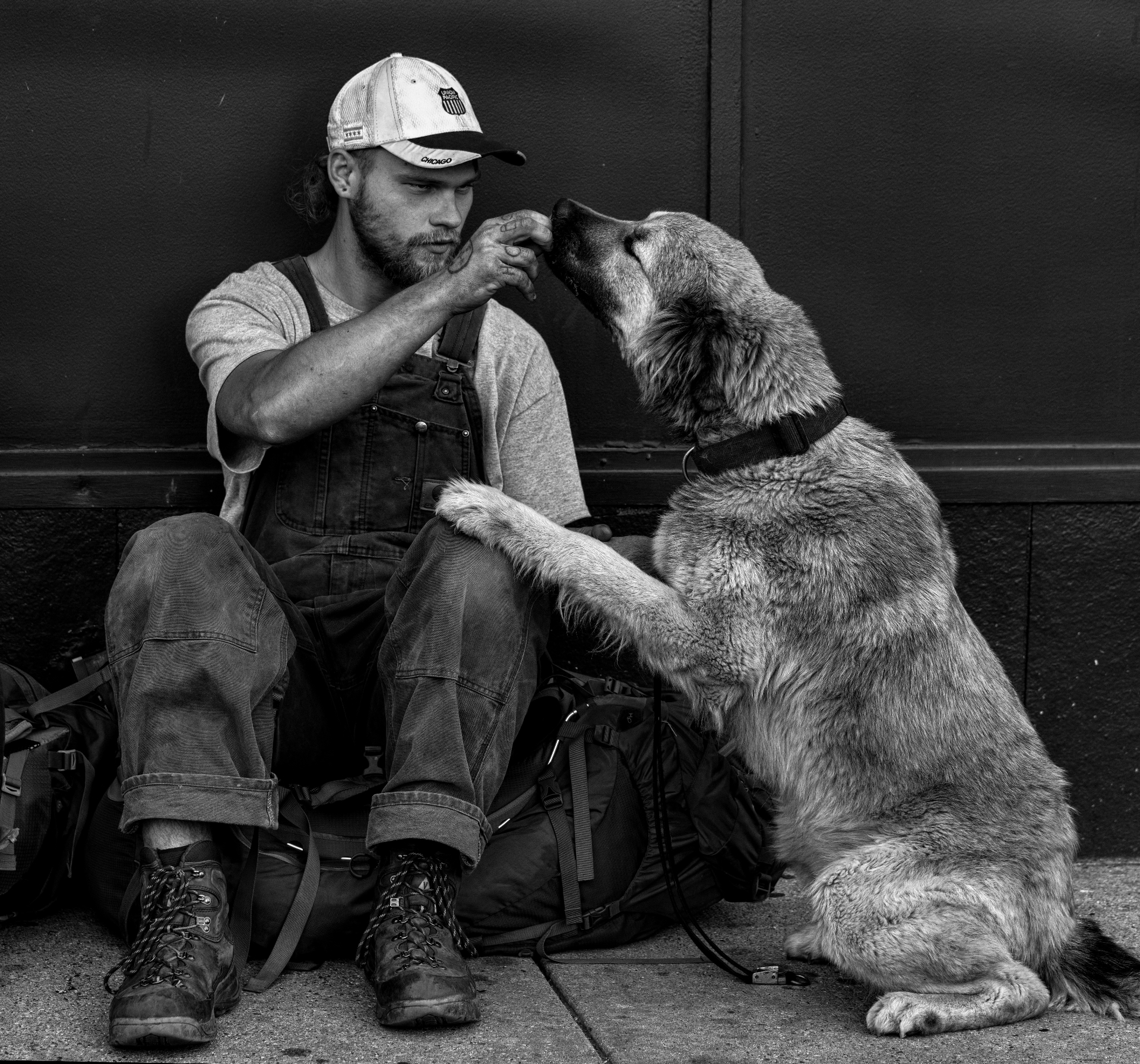 A homeless man with his loyal dog resting on his lap